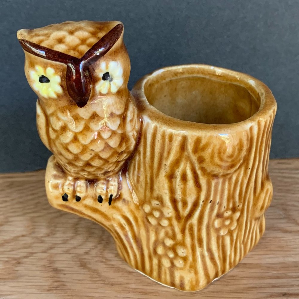 VTG Owl Toothpick Holder 70s Japan Tree Stump Ceramic Flowers Retro Boho Kitchen - Picture 5 of 10